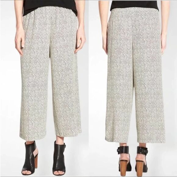 Eileen Fisher Wide Leg Cropped Pants Womens L Ecru Black Broken Chevron Print - Picture 1 of 11